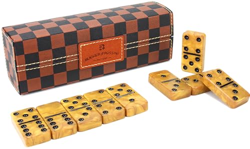 Vovotuzzi Dominos Set for Adults, Thick Domino, Double 6 Dominoes Set for Adults and Kids, 28 Marbleized Gold Tiles in Brown Leather Case, Travel Domino's Game Set