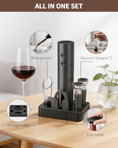 Image of CIRCLE JOY Rechargeable Electric Wine Opener, 6-In-1 Cordless Electric Wine Bottle Opener with Pourer, Foil Cutter, 2 Vacuum Preservation Stoppers and Storage Base, Gifts for Wine Lovers
