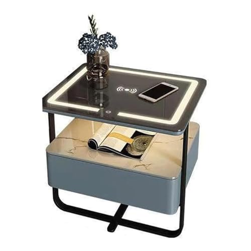 SAAKO Bedside Table Combination Lock Nightstand Metal Frame End Tables Led Light Bedside Table with Wireless Charging Station and 1 Drawer Side Table
