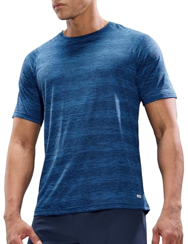 MIER Mens Heather Blue T Shirts Short Sleeve Quick Dry Active Tee for Running Workout Gym, Stripe L