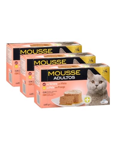 Mousse Adultos para Gatos, Ternera y Pollo, sin Cereales ni Conservantes, Pack 3 Cajas, 4x85 g DeliNuit