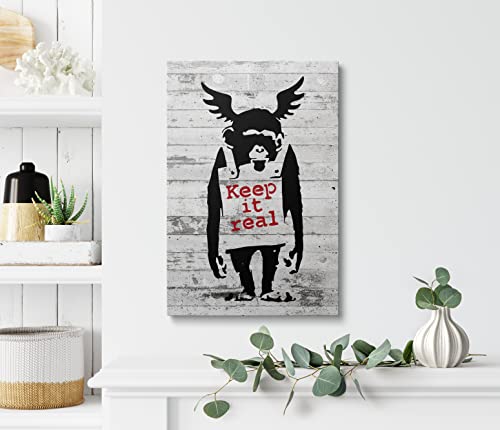 Banksy Monkey Framed Canvas Wall Art - Keep It Real Inspirational Quotes Room Decor - Motivational Graffiti Street Art For Teens Bedroom Living Room Dorm Picture Prints Home Decoration Ready To Hang (16X24 Inch) #TOP6