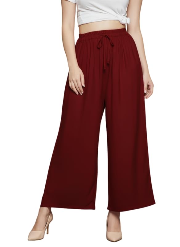 Image of Super Soft Viscose Rayon Flared Palazzo Pants for Women Stylish Wide Leg Straight Relaxed Fit Casual Ethnic Office Wear