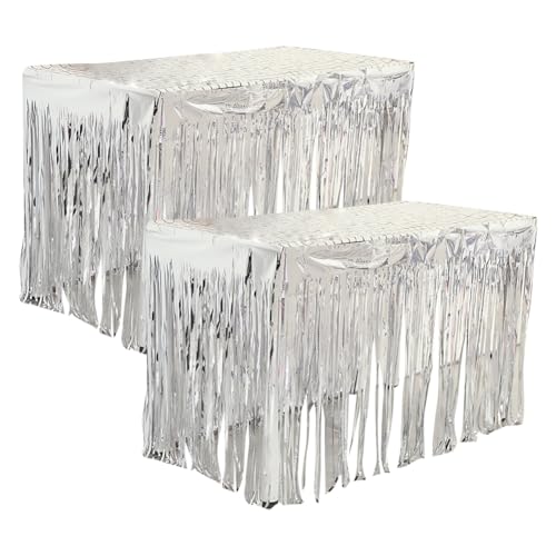 Lot de 2 Jupes de Table à Franges en Feuille métallique de 2,7 m x 75,1 cm pour fête, événement, Toile de Fond, guirlandes de Rideaux, Guirlande de Banderole, Guirlande Large argentée