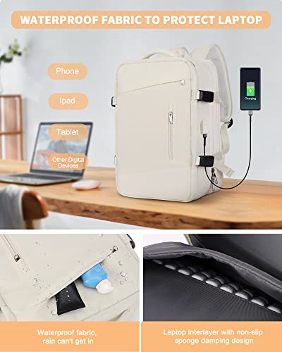 Large Travel Backpack For Women,Carry On Backpack,Expandable Airline Airplane Approved Weekender Backpack Man,Hiking Backpack,Laptop Backpack With Usb Charging Port,Waterproof 40L Backpack Bag, Beige #TOP3