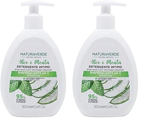 Naturaverde | Natural Beauty - Detergente Intimo all'Aloe e Menta, con Complesso Prebiotico, pH 5, Sapone Uomo, Donna, Rinfrescante, 300ml (Confezione da 2)