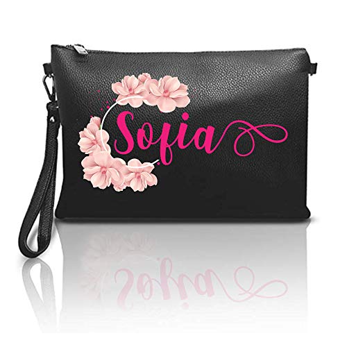 Regali Personalizzati sotto 100 euro love print Pochette donna personalizzata con stampa vinile del nome o iniziali in eco pelle sintetica FIORI ROSA CON NOME FUXIA