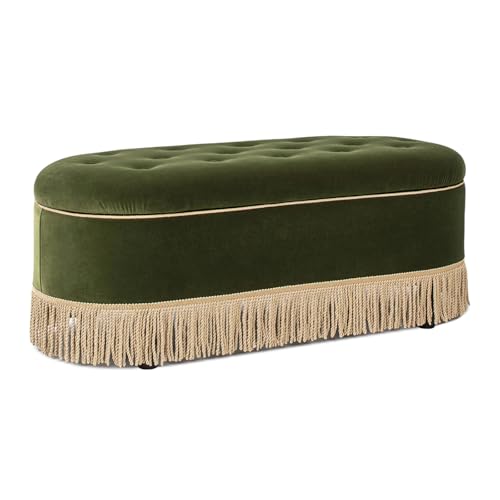 Jennifer Taylor Home Elara 48.5" Oval Tufted Bullion Fringe Storage Bench, Olive Green Performance Velvet