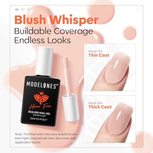 Image of modelones Builder Nail Gel HEMA-Free Neutral Nude Builder Strengthener | in-1 Nude Hard Rubber Color Base Gel Polish Strengthener for Nail Extension, Natural Apex, Self-Leveling, U /V Cured Salon
