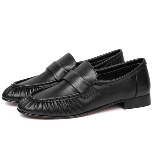 SUIARA Black Loafers for Women Flat Shoes Chunky Heel Penny Loafers Slip on Comfortable Dressy Shoes Formal Work Flats