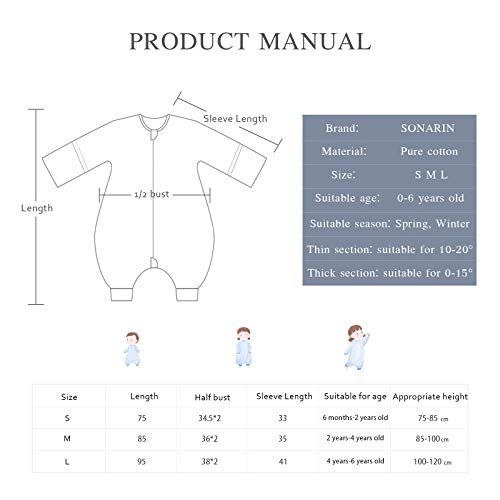 SONARIN Babyslaapzak, babyslaapzak, splitbeen met afneembare mouwen, dun, 2,5 TOG biologisch katoenen slaapzak, verschillende maten van 6 maanden tot 6 jaar oud - Afbeelding 8
