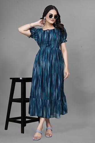 Image of Women Gown with Abstract Print | Georgette One Piece Dress with Puff Sleeves | Round Neck Tiered Midi Frock for Women | Ladies Western Maxi Dress
