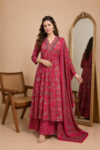 Image of Women's Rayon Printed Anarkali Kurta and Pant with Dupatta Set