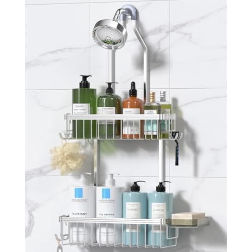 YASONIC Shower Caddy Hanging, Never Rust Shower Organizer Hanging, Aluminum Shower Racks for Inside Shower with Hooks for Razor, Bathroom Organizers and Storage with Soap Holder, Bright Silver