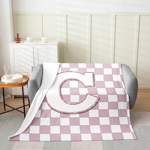 Image of Erosebridal Pink Initial C Fuzzy Plush Throw Kawaii Plaid Checkered Fleece Blanket Cute Personalized Monogram Flannel Blanket for Kids Girls,Fashion Grids Gingham Decor for Bed Couch Twin 60 inchx80 inch