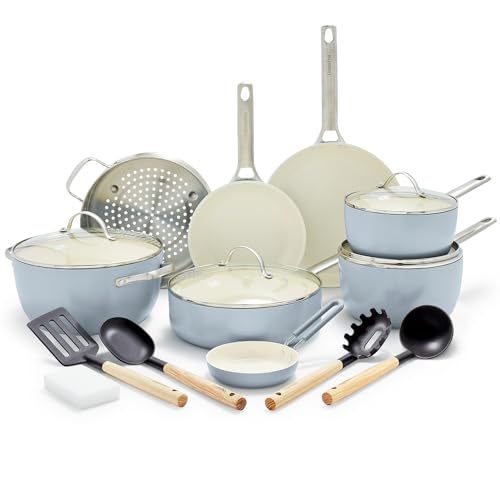 GreenPan Padova Hard Anodized Healthy Ceramic Nonstick 17 Piece Cookware Set, PFAS-Free, Induction, Dishwasher Safe, Oven Safe, Light Blue by GreenPan - Used condition - US$143.72