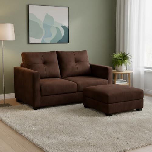 Image of FURNY Heritage 2 Seater Fabric Sofa Set with 1 Ottoman (Dark Brown) with Velvet Finish | Durable Comfort | Ideal for Living Room.