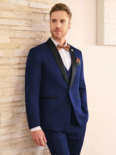 WEEN CHARM Mens Suit Slim Fit Tuxedo 3 Piece One Button Shawl Lapel Blazer Jacket Vest Pants Set for Prom Party Navy Blue