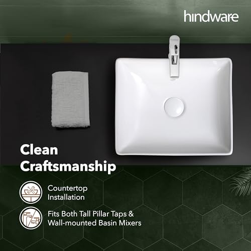 Image of Hindware Tozzo Table Top Wash Basin for Bathroom | Made of Ceramic | Star White | Rectangular Shape | Over the Counter Basin