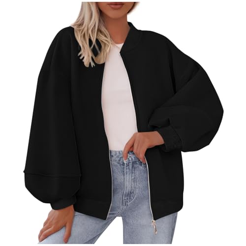 JIEMUXIU Bomber Jacket Women Fall Fashion Oversized Zip Up Sweatshirt Jackets Casual Long Sleeve Streetwear Winter Outfits
