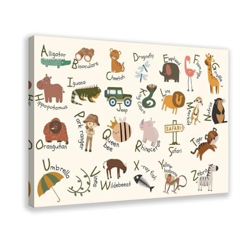 Póster de lienzo con alfabeto de safari y selva para niños, decoración de dormitorio, paisaje, oficina, habitación, regalo, 20 x 30 cm