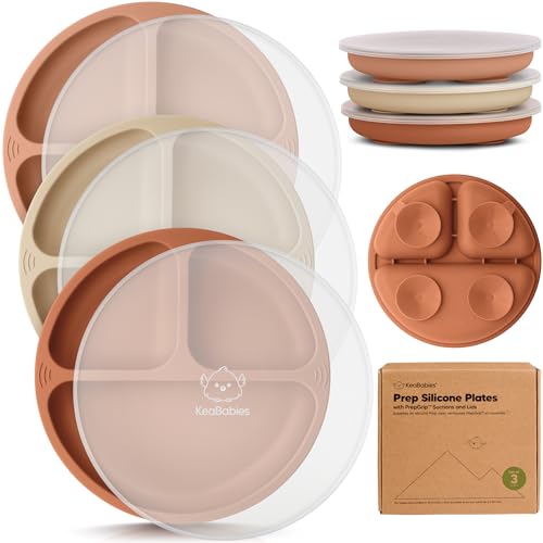 Image of KeaBabies Suction Plates with Lids for Baby - 3-Pack 100% Silicone Toddler Plates with Suction, Divided, BPA-Free Baby Led Weaning Essentials for Kids, Dishwasher, Microwave Safe, Durable (Terracotta)