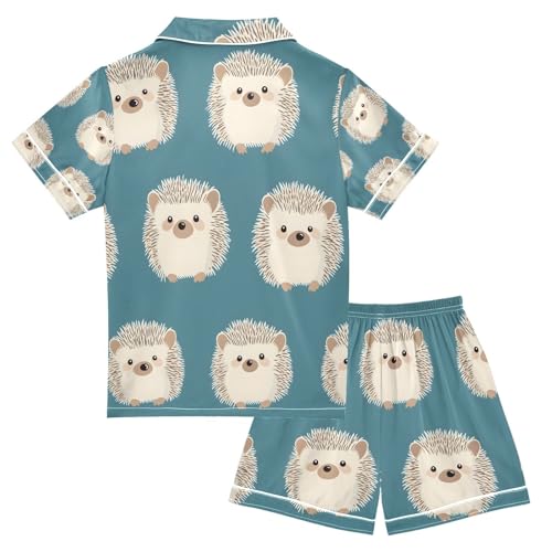 senya Gray Cute Hedgehog P Satin Summer Pajama Sets Silk Short Sleeve Button Down Sleepwear2