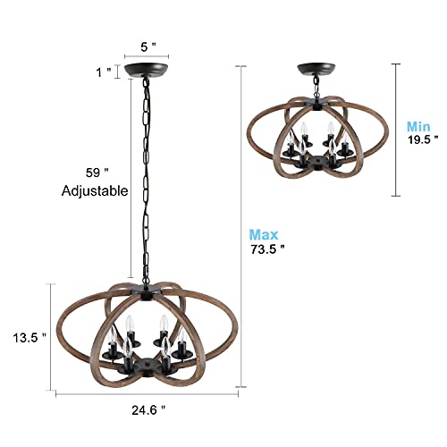 Anmytek Wood Metal Chandelier Rustic Farmhouse Style Flower Shape Wood Frame Adjustable Chain Pendant Lighting E12 Base Bulb Hanging Light Vintage Ceiling Kitchen Island Light Fixture 6-Lights (C0072) #TOP4
