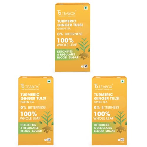 Image of Teabox Turmeric Ginger Tulsi Green Tea Bags 25 Pieces | Flavorful & Soothing | Made with Whole Leaf, Natural Ginger, Turmeric & Tulsi (Pack of 3)