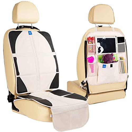 Funbliss Car Seat Protector + Kick Mat Auto Seat Back Protector Beige With Multi Pocket For Large Storage - Durable Quality Seat Covers + Waterproof Kick Guards #TOP7