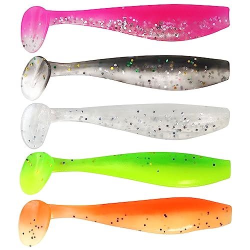 MAFIMOEA 50 Pcs Soft Fishing Lures Plastic Paddle Tail Swim Baits Kit for Bass Fishing 5 Mixed Colors Fishing Gear and Equipment (Mixed Colors)