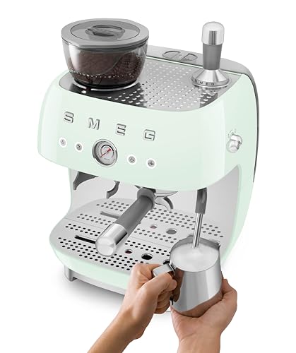 Image of Smeg EGF03 Semi-Automatic Espresso Machine with Built-In Grinder, Dual Thermoblock, 50's Retro Style - Pastel Green (120 V)