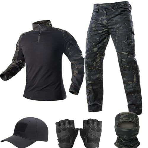 Tactical Uniform,Combat Pants and Shirt,Cap Balaclava Gloves Set,Camo Camouflage Suits, Men’s Military Airsoft Gear