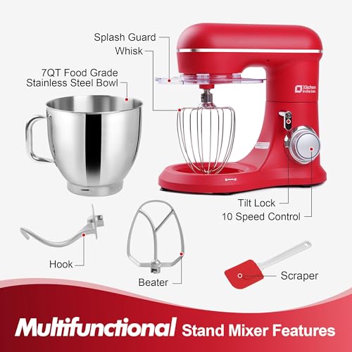 Image of Kitchen in the box 7QT 900W 10-Speed Stand Mixer, Tilt-Head Kitchen Electric Mixer with Dough Hook, Whisk & Flat Beater(Red)