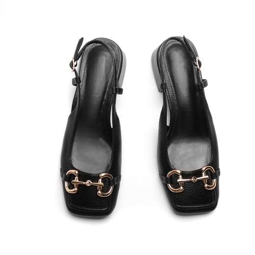 Image of Slingback Mary Jane Heels for Women Low Block Heel Closed Square Toe Pump Shoes Heels Classic Daily Office Dressy Shoes