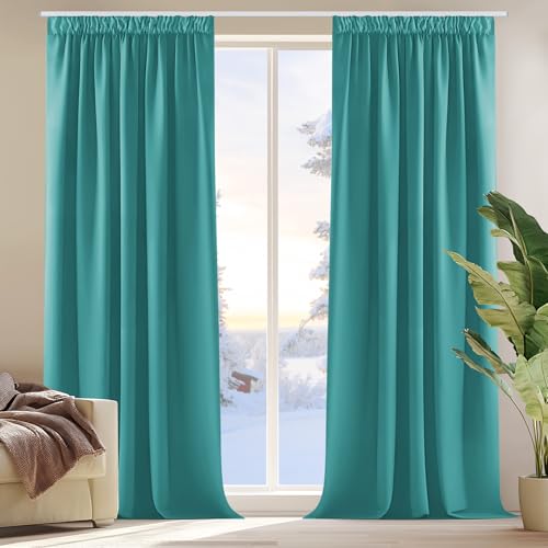 Deconovo Cortinas Opacas para Dormitorio Salon para Ganchos o Pase por la Barra, Cortinas Térmicas Aislantes Frio y Calor 2 Piezas, 132x160 cm, Turquesa