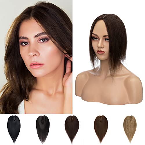 12"(30cm) Silk-co Prótesis Capilar Mujer Pelo Natural Clip Toupee Postizo 38g 100% Cabello Humano Remy Hair Extensiones de Topper Encaje Base 7cm*13cm #2 Marrón Oscuro