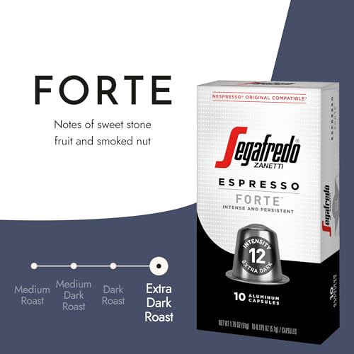 Segafredo Zanetti Espresso Capsules – Aluminum Pods for Nespresso Original Machines – Extra Dark Roast Premium Espresso with a Bold Aroma – Smoky, Intensity 12 – Forte, 10 Count