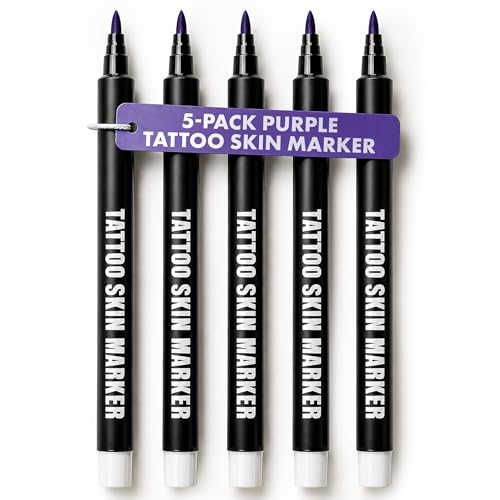Element Tattoo Pen Marker for Skin - Body & Face Surgical Stencil Temporary Markers, Body Safe & Washable Skin Scribes for Tattooing, Piercing, Sketching & Freehand Drawing, Purple Bold Tip, 5 Pack