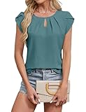 Blooming Jelly Women's Dressy Casual Blouses Business Short Sleeve Shirts Work Summer Tee Fashion Pleated Keyhole T Shirts Seagreen