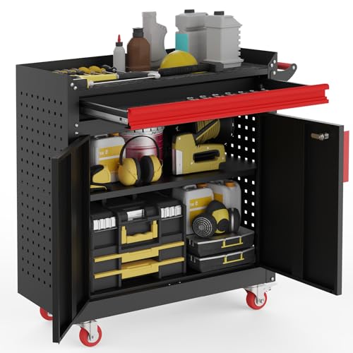 Eltean Rolling Garage Cabinets, Garage Storage Cabinet with Wheels and Workbench, Metal Cabinet with Doors and Shelf, Lockable Metal Storage Cabinets, for Home,Garages, Repair Stores, Warehouses