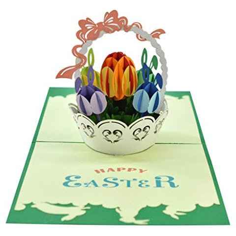 Happy Easter Bunny Basket Pop Up 3D card. Colourful Spring Collection. A Delightful surprise easter greeting card gift for Kids, Children, Family, Friends. 15cmx15cm Cover