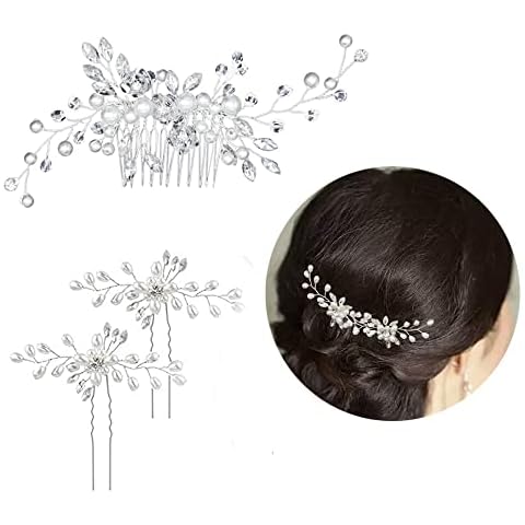 Bridal Wedding Hair Comb, 3 Pieces Slides Pearl Hair Clip Crystal Vine Silver Rhinestone Hair Pins Bridal Flower Headpiece for Hair Accessories Women Girl Wedding Party Cover