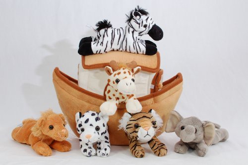 Plush Noah's Ark with Animals - Six (6) Stuffed Animals (Lion, Zebra, Tiger, Giraffe, Elephant, and White Tiger) in Play Ark Carrying Case