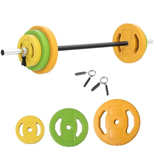 HOMCOM Set di Bilanciere e Dischi da 20 kg totali con 6 Pesi e 2 Clip di Fissaggio, Bilanciere Palestra Regolabile Antiscivolo in Metallo, PU e Sabbia, Barra Ø25 mm, 130x28x28 cm, Multicolore