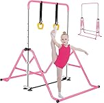 FCOUMY Gymnastics Bar for Kids,Junior Training Kip Horizontal Bar Gymnastics Equipment for Home, Adjustable Telescopic Height Folding Horizontal Bar with Gymnastic Rings for 3-12 Years Kids Pink 155cm