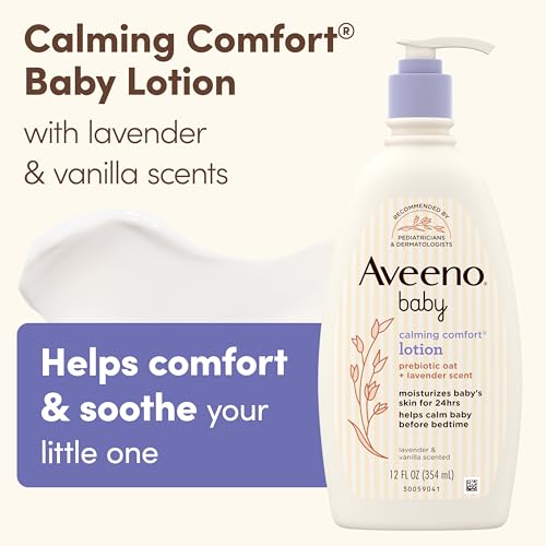 Image of Aveeno Baby Calming Comfort Moisturizing Body Lotion with Relaxing Lavender & Vanilla Scents, Non-Greasy, Nourishing Prebiotic Oatmeal, No Added Parabens, 12 fl. oz