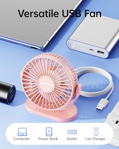 Image of SWEETFULL USB Desk Fan Small Quiet - 3 Speeds Mini Personal Portable Fan 360 Rotation Adjustable, 5.5 Inch Office Table Cooling Gadgets on Desktop (Pink)