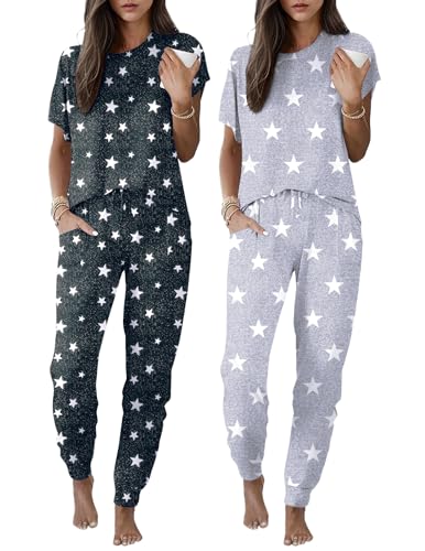 Image of Ekouaer 2 pack Pajama Sets for Womens Jogger Pants Pjs Short Sleeves Lounge Set Soft Sleepwear with Pockets