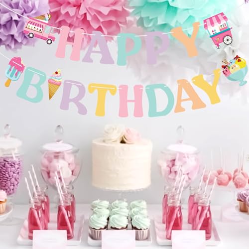 Image of Ice Cream Happy Birthday Banner - Colorful Ice Cream Birthday Party Sign Decorations for Girls Kids Summer Theme Party Supplies